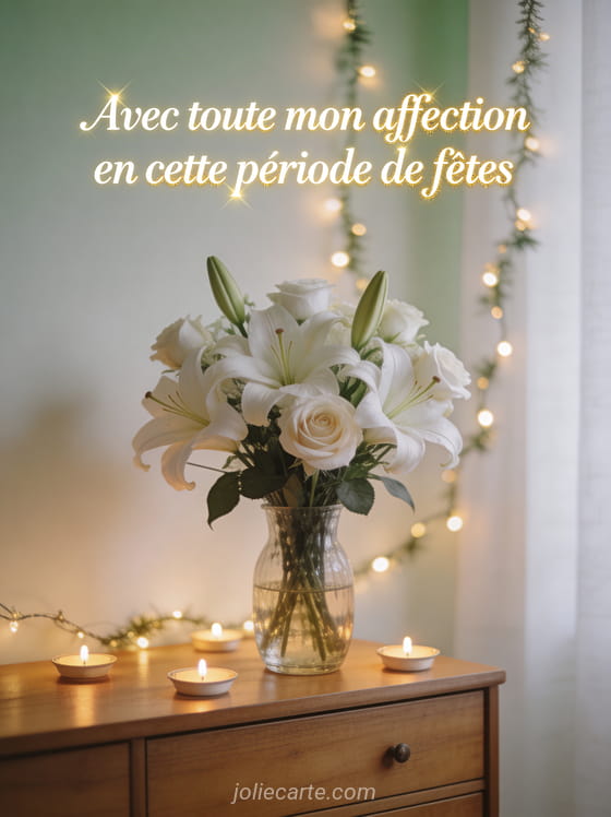 Bouquet de fleurs blanches dans un vase en verre avec bougies chauffe-plat et guirlande lumineuse