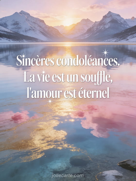 Paysage de montagne au lever du soleil avec lac miroir reflets dorés et roses sur l'eau et ciel pastel