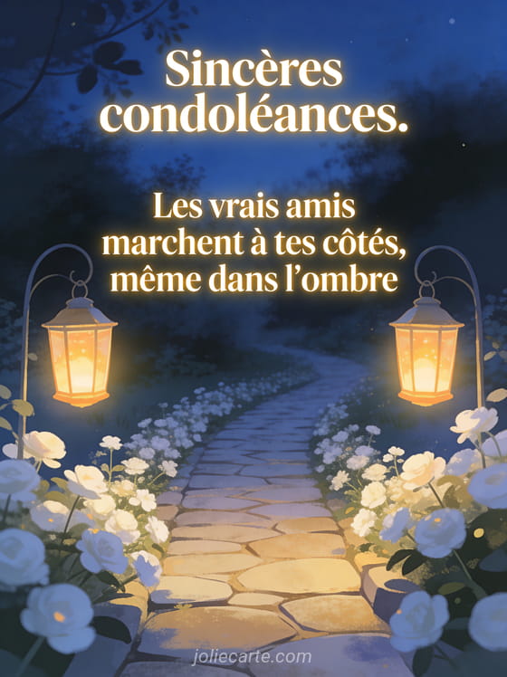 Deux lanternes lumineuses sur un chemin de pierre bordé de fleurs blanches au crépuscule bleu et or