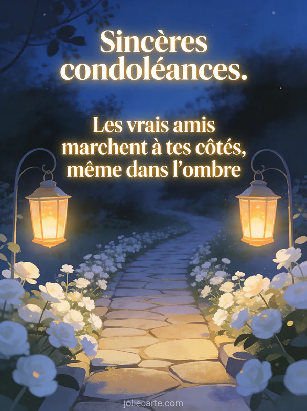 Deux lanternes lumineuses sur un chemin de pierre bordé de fleurs blanches au crépuscule bleu et or