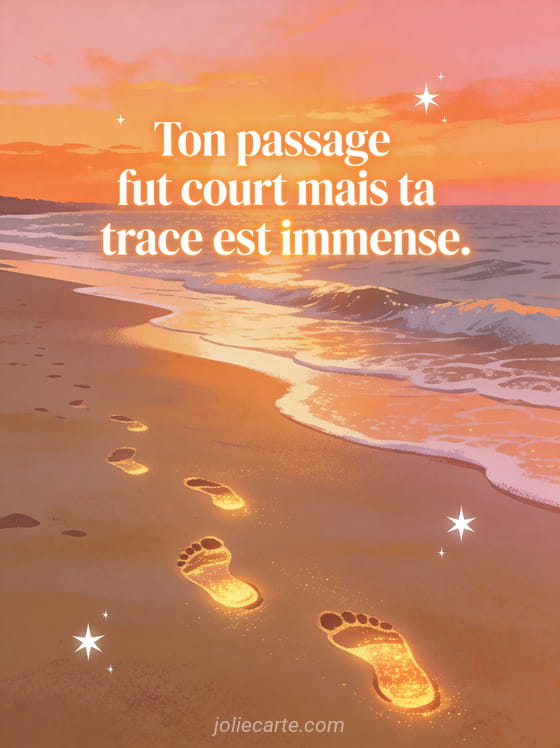 Empreintes de pas lumineuses dorées sur une plage au coucher du soleil avec vagues douces et étoiles naissantes