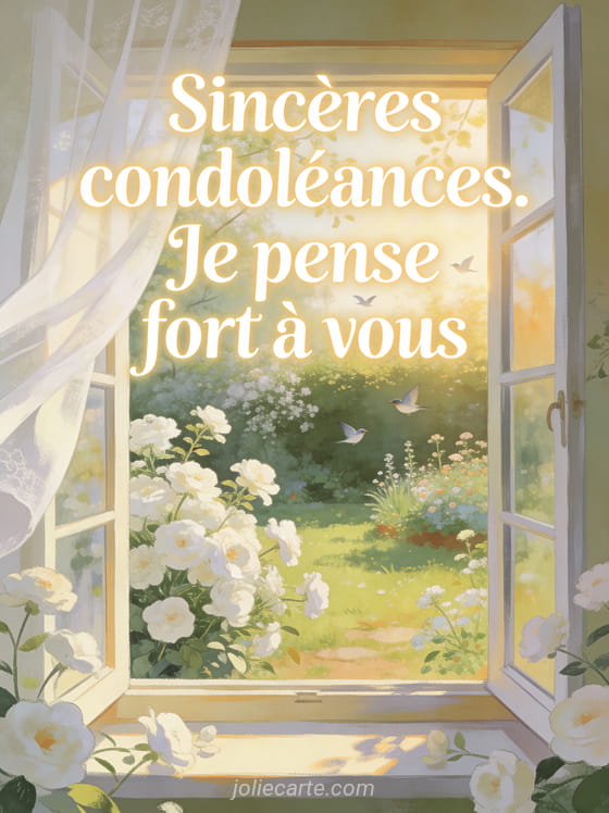 Fenêtre ouverte sur un jardin printanier avec fleurs blanches rideau blanc voilé et lumière matinale dorée