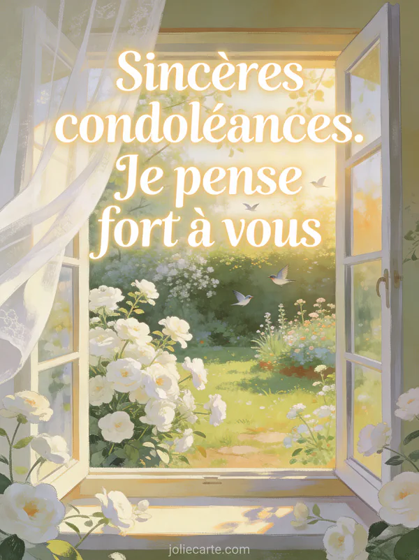 Fenêtre ouverte sur un jardin printanier avec fleurs blanches rideau blanc voilé et lumière matinale dorée