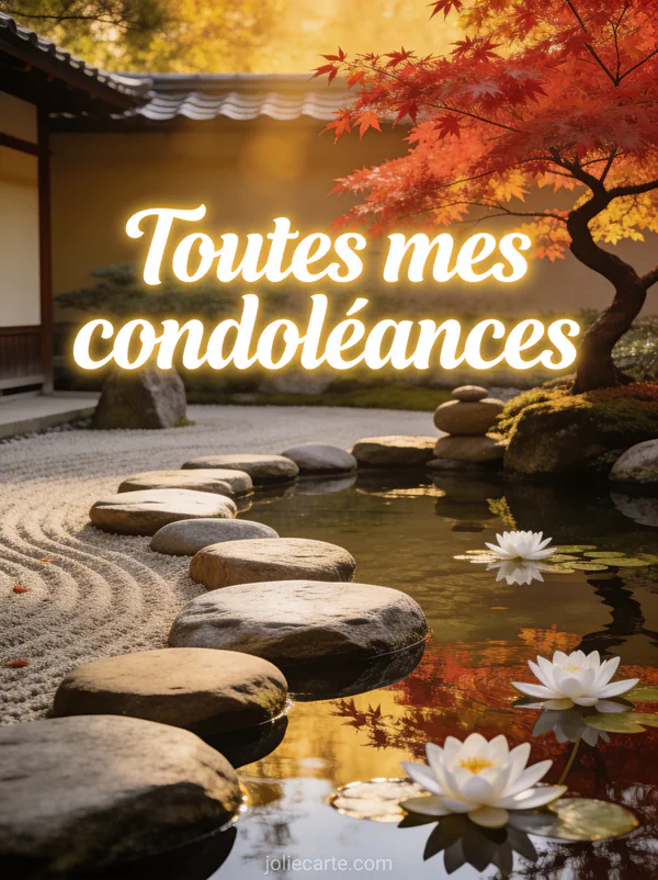 Jardin japonais zen avec pierres eau calme et érable rouge sous lumière dorée filtrante