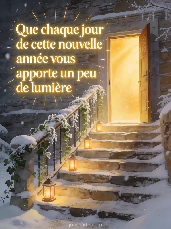 Escalier en pierre enneigé menant vers une porte ouverte avec lumière dorée et lanternes allumées