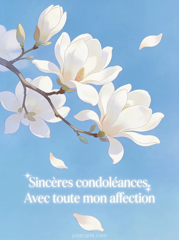 Branche de magnolia blanc en fleurs sur fond bleu ciel doux avec pétales tombant délicatement