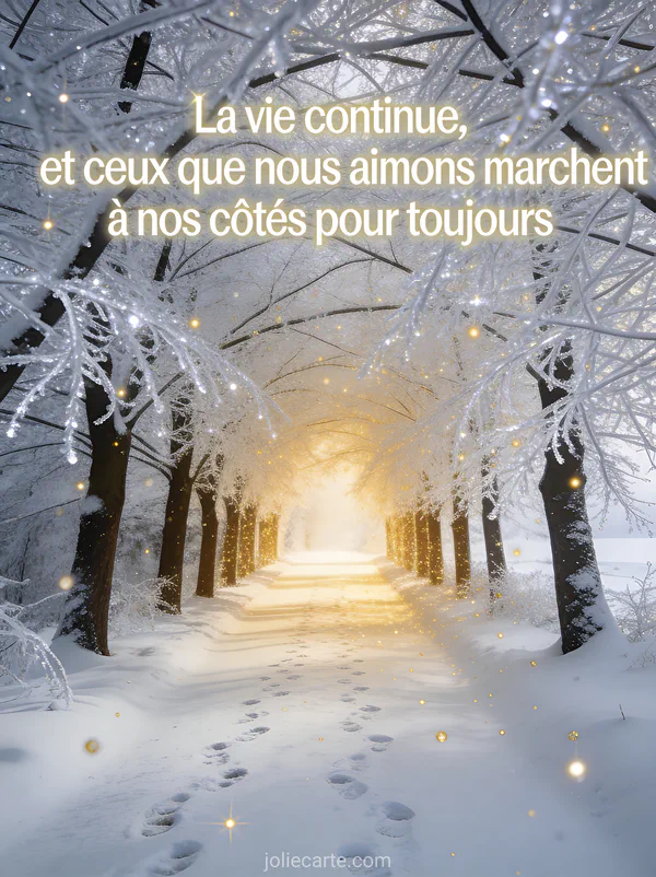 Allée bordée d'arbres givrés formant une voûte naturelle avec sol enneigé et lumière dorée au bout