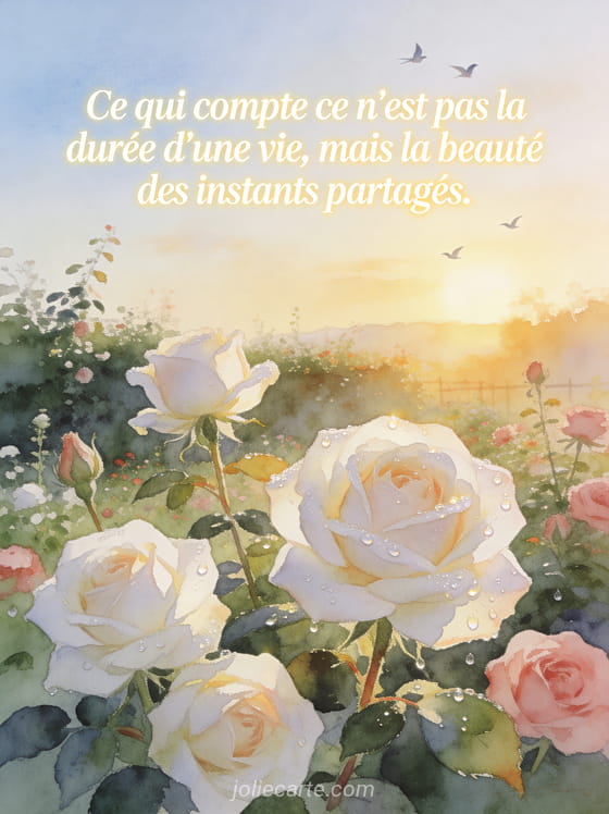 Jardin de roses blanches et roses au lever du soleil avec rosée qui brille et oiseaux au loin
