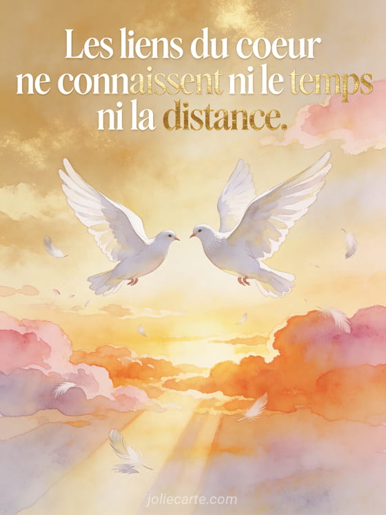 Deux colombes blanches volant côte à côte dans un ciel doré au coucher du soleil avec nuages rosés style aquarelle