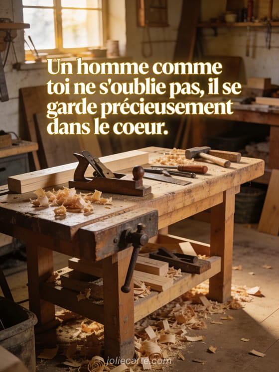 Atelier de menuiserie chaleureux baigné de lumière dorée avec outils anciens sur établi en bois et copeaux