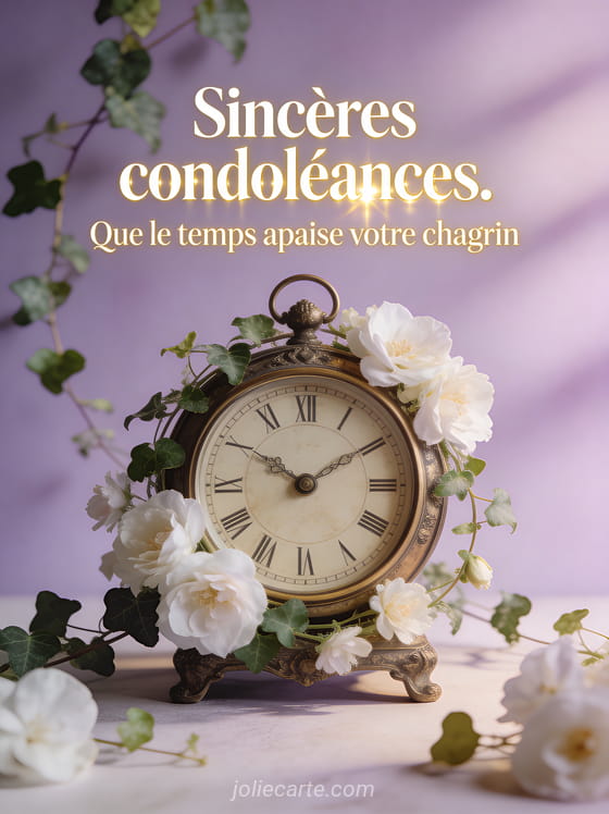 Horloge ancienne ornée de fleurs blanches et de lierre sur fond pastel lavande avec lumière douce et chaude