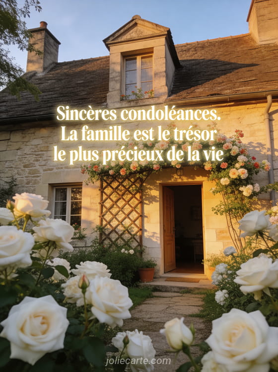 Maison ancienne en pierre avec jardin de roses blanches sous lumière dorée de fin de journée