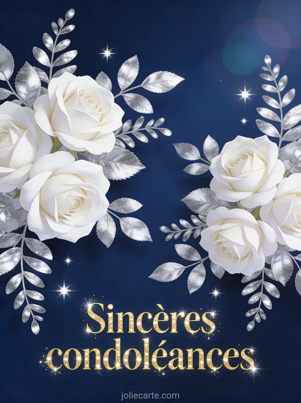 Roses blanches et feuillage argenté sur fond bleu nuit profond avec étoiles brillantes