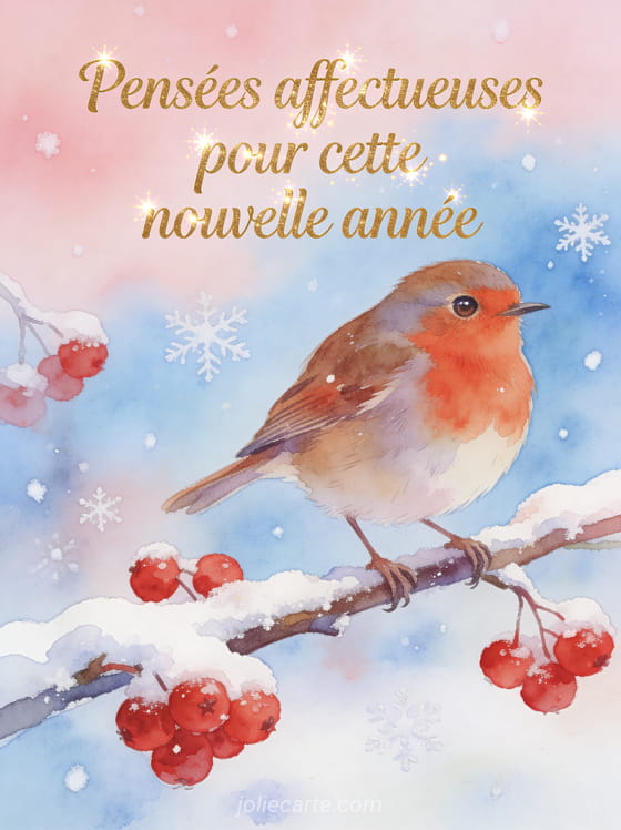 Rouge-gorge posé sur une branche enneigée avec baies rouges et fond de ciel d'hiver pastel