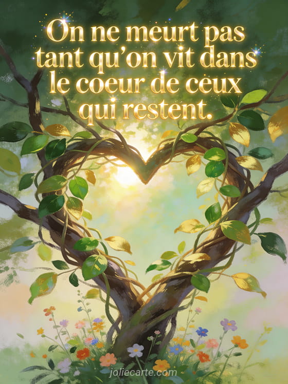 Coeur formé par des branches d'arbre entrelacées avec feuilles vertes et dorées percé de lumière