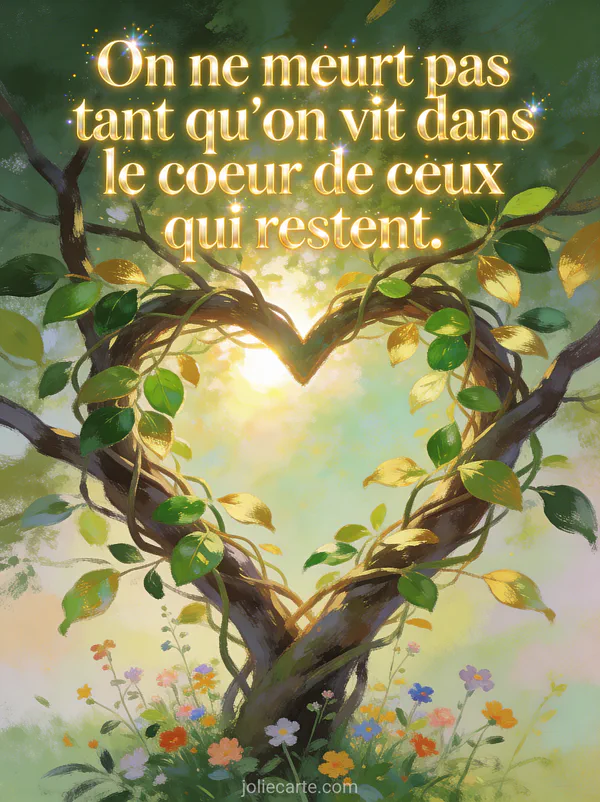 Coeur formé par des branches d'arbre entrelacées avec feuilles vertes et dorées percé de lumière