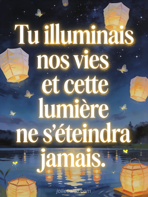 Lanternes en papier illuminées flottant dans un ciel nocturne étoilé avec reflets sur un lac calme et lucioles