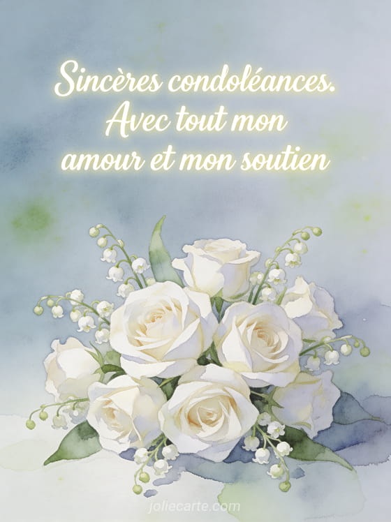 Illustration aquarelle de roses blanches et brins de muguet sur fond bleu-gris clair avec touches de vert tendre