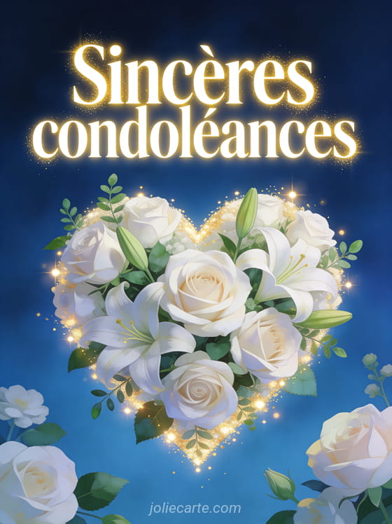 Coeur composé de roses blanches lys et feuillage vert sur fond bleu nuit avec éclats de lumière dorée