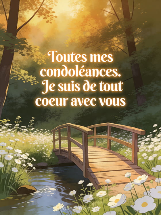 Petit pont de bois au-dessus d'un ruisseau calme bordé de fleurs blanches sauvages et lumière dorée