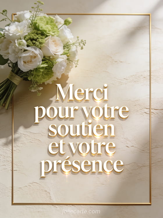 Bouquet de fleurs blanches et vertes sur fond texturé beige clair avec cadre doré discret