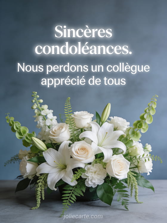 Arrangement de fleurs blanches et feuillage vert sur fond gris-bleu avec lumière naturelle diffuse