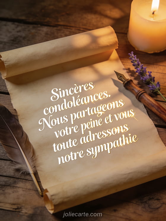 Parchemin déroulé posé sur bois ancien avec plume et brin de lavande sous lumière chaude de bougie