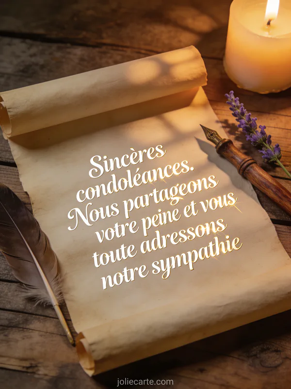 Parchemin déroulé posé sur bois ancien avec plume et brin de lavande sous lumière chaude de bougie