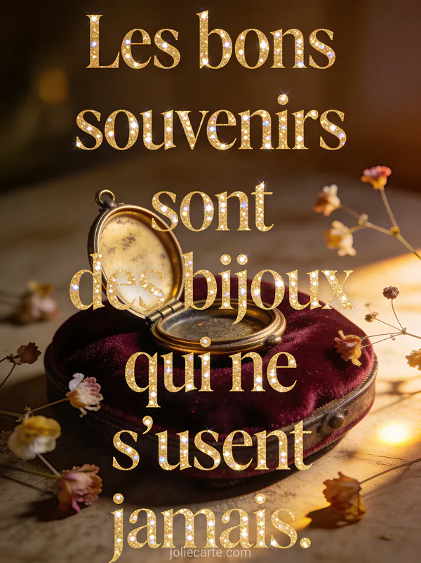 Vieux médaillon doré ouvert posé sur velours bordeaux avec fleurs séchées et lumière chaude