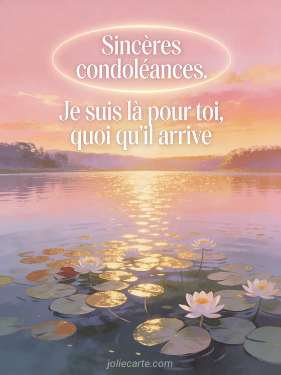 Coucher de soleil rose et or sur un lac calme avec nénuphars et reflets dorés sur l'eau