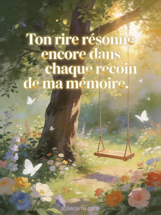 Balançoire en bois sous un grand arbre dans un jardin fleuri avec lumière dorée du soleil et papillons blancs