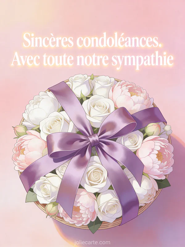 Bouquet rond de roses blanches et pivoines noué d'un ruban de soie mauve sur fond pastel rose