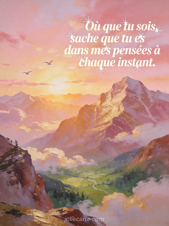 Paysage de montagnes au lever du soleil avec teintes roses et dorées vallée verdoyante et oiseaux dans le ciel