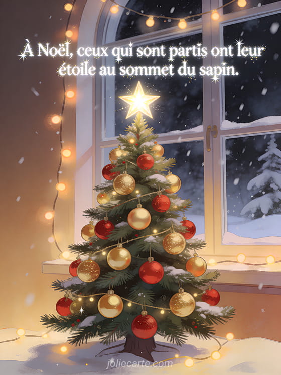 Sapin de Noël décoré de boules dorées et rouges avec étoile lumineuse au sommet neige et guirlandes chaudes