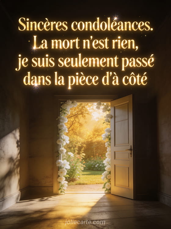 Porte entrouverte donnant sur un jardin baigné de lumière dorée avec fleurs blanches et intérieur chaleureux