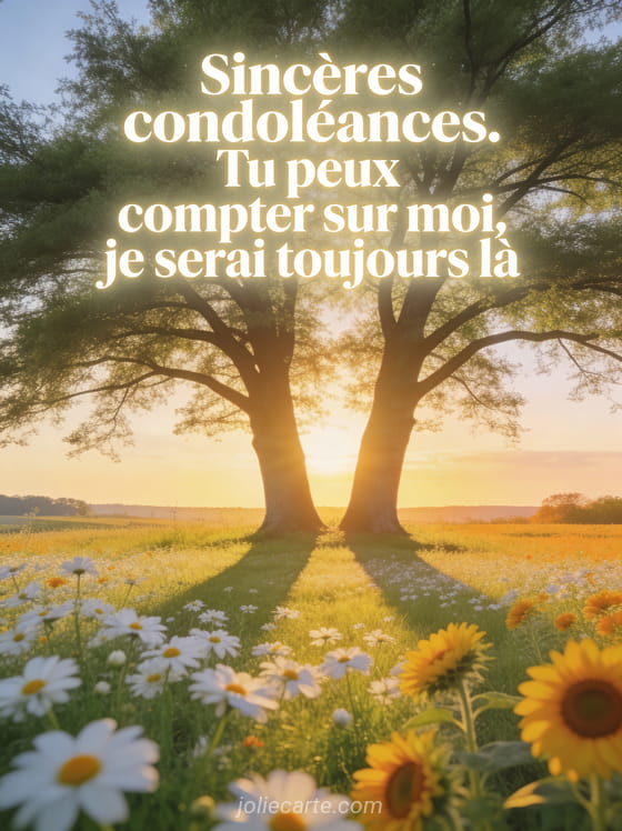 Deux arbres côte à côte dans un pré fleuri de blanc et jaune au coucher du soleil doré avec ombres longues