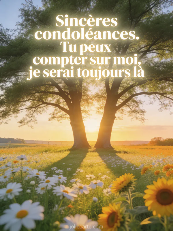 Deux arbres côte à côte dans un pré fleuri de blanc et jaune au coucher du soleil doré avec ombres longues