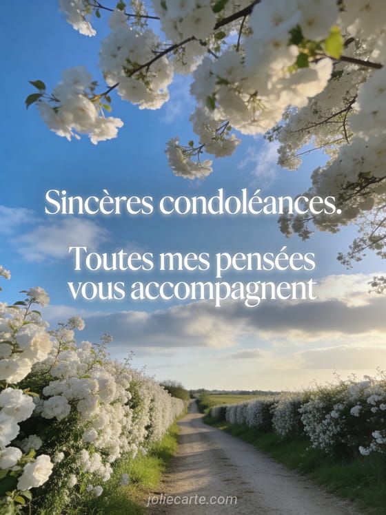 Chemin de campagne bordé de haies fleuries blanches sous un ciel bleu avec nuages doux et lumière d'après-midi