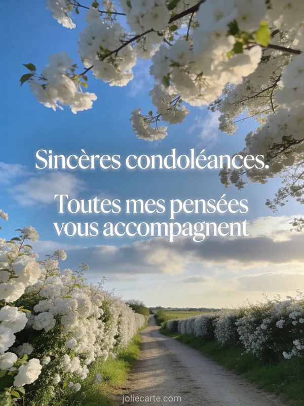 Chemin de campagne bordé de haies fleuries blanches sous un ciel bleu avec nuages doux et lumière d'après-midi