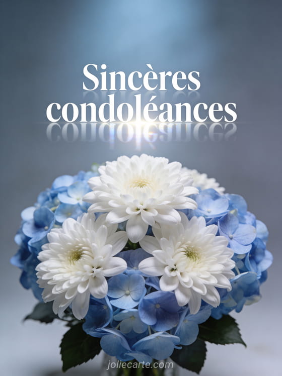 Composition florale sobre de chrysanthèmes blancs et hortensias bleus pâles sur fond gris-bleu avec lumière tamisée