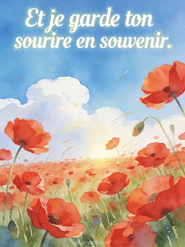 Champ de coquelicots rouges sous un ciel bleu avec nuages blancs lumière chaude du soleil style aquarelle lumineuse