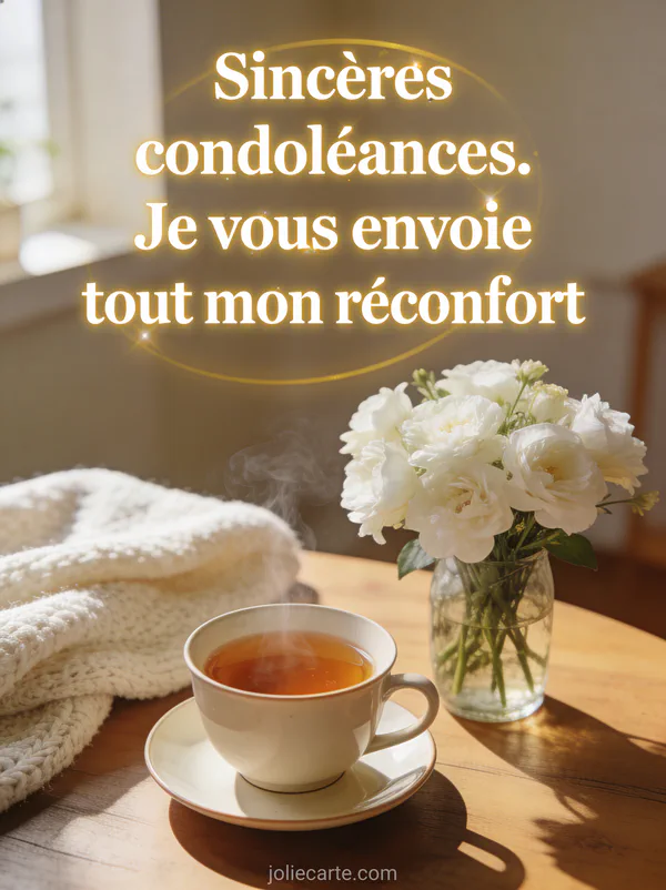 Tasse de thé fumante à côté d'un bouquet de fleurs blanches sur une table en bois avec lumière chaude d'intérieur