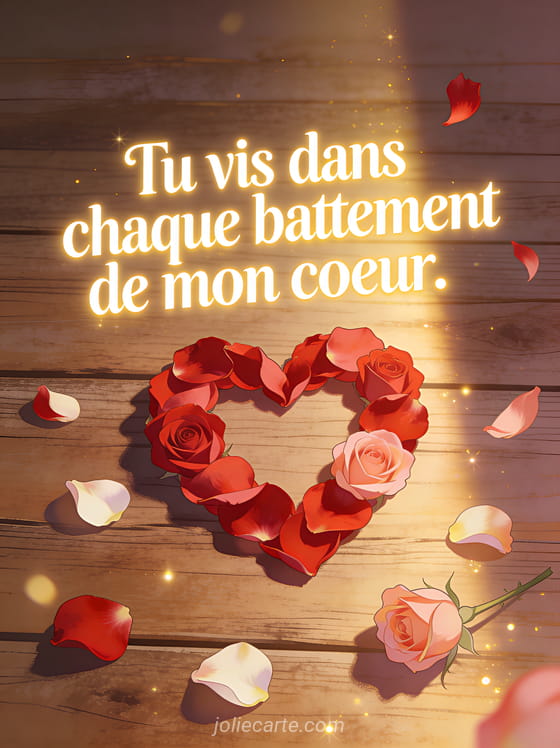 Coeur formé de pétales de roses rouges et roses sur une surface en bois avec lumière chaude et pétales qui s'envolent