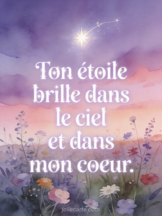 Ciel crépusculaire violet et rose avec étoile du berger très brillante champ de fleurs sauvages en contrebas style aquarelle