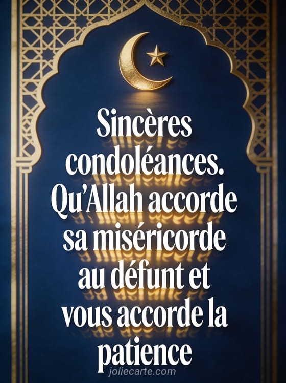 Croissant de lune doré et étoile sur fond bleu nuit profond avec motifs géométriques islamiques dorés en bordure