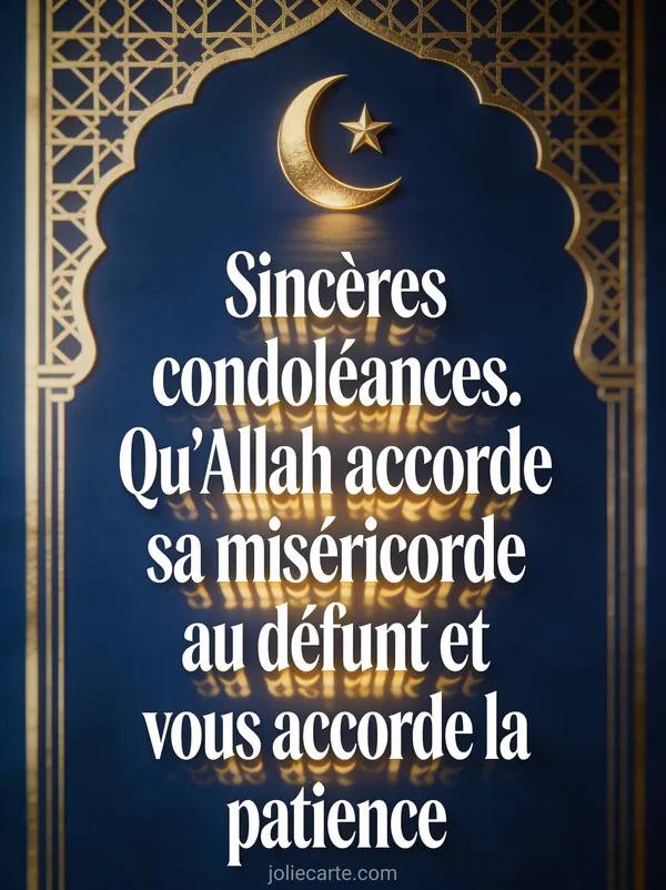 Croissant de lune doré et étoile sur fond bleu nuit profond avec motifs géométriques islamiques dorés en bordure
