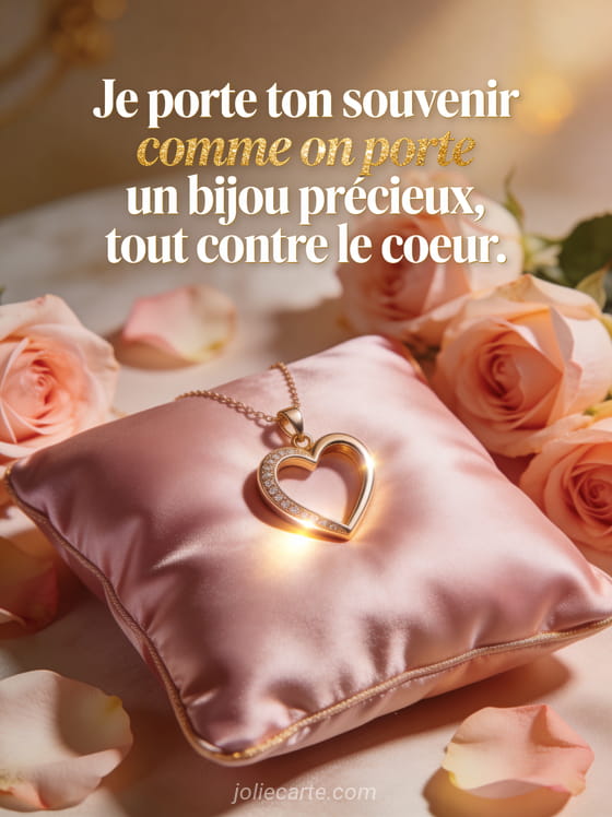 Pendentif en or en forme de coeur ouvert sur un coussin de soie rose avec lumière chaude et pétales de roses
