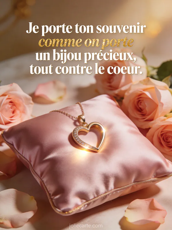 Pendentif en or en forme de coeur ouvert sur un coussin de soie rose avec lumière chaude et pétales de roses