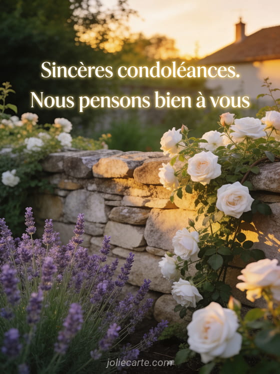 Scène de jardin avec muret de pierre lavande et roses blanches grimpantes dans la lumière dorée de fin de journée