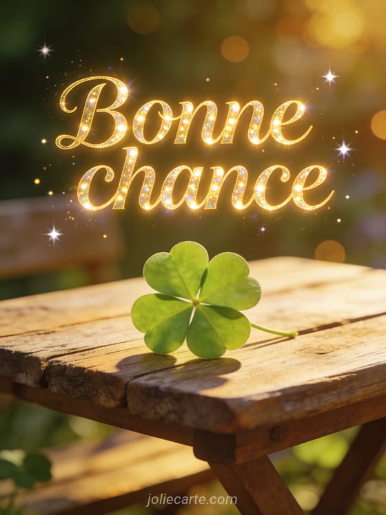 Trèfle à quatre feuilles vert vif posé sur une table en bois rustique avec le texte Bonne chance en lettres dorées scintillantes